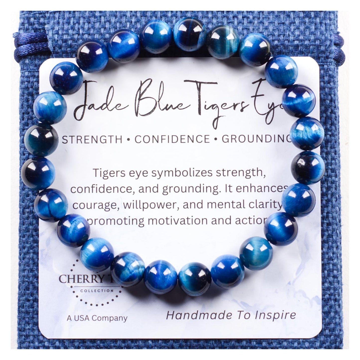 Cherry Tree Collection – Handmade Crystal Beaded Stretch Bracelets with Jade Blue Tiger's Eye for Women & Men - 8mm Round Gemstone for Protection, Balance & Luck, Small