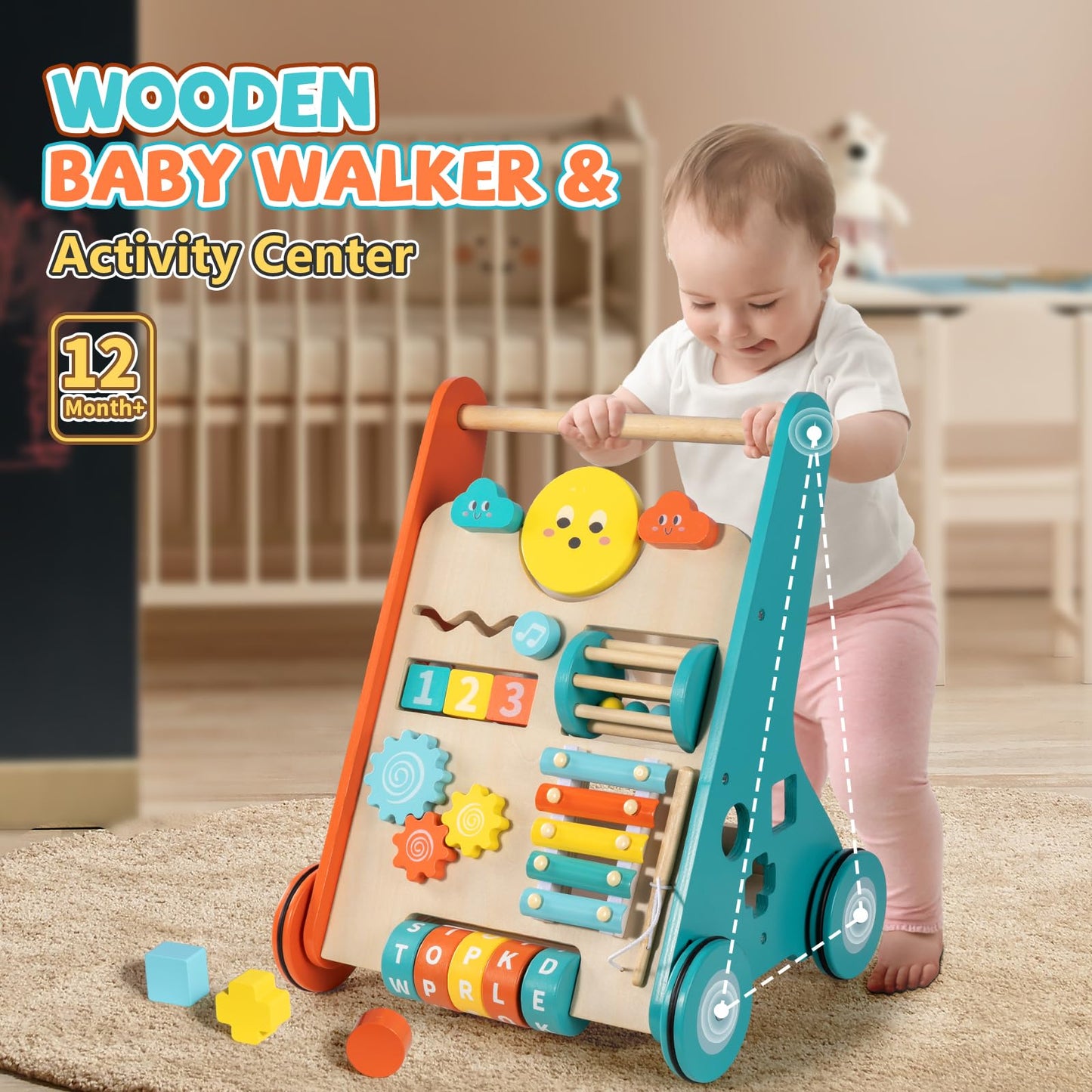 BAUTIA Wooden Baby Walker, Montessori Walker for Babies 6-12 Months, Push Walking Toys for 1 Year Old Learning to Walk