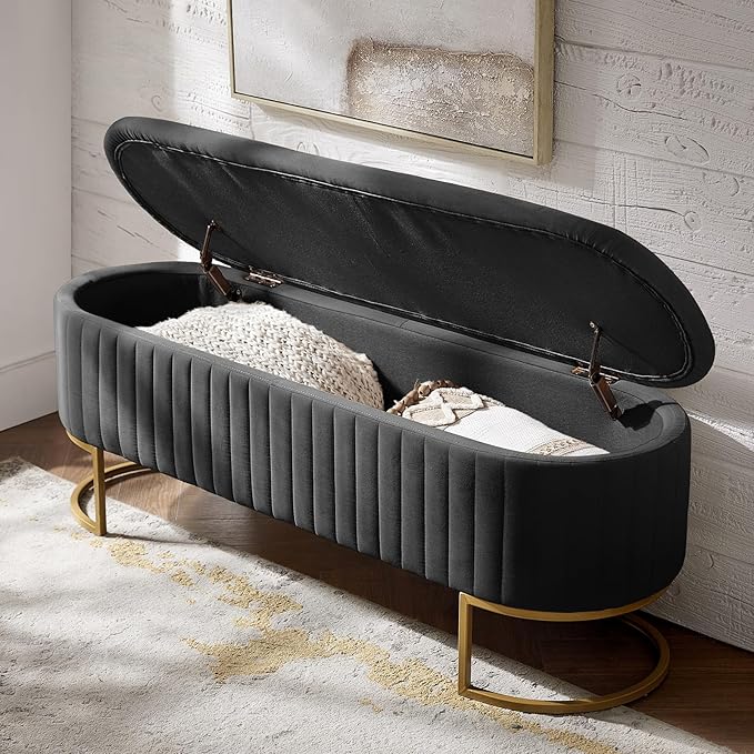 EcoHarbor Living 50.5" Storage Bench Velvet Bedroom Ottoman,Upholstered End of Bed Bench with Gold Legs,Flipping Lid Entryway Footrest, Grey