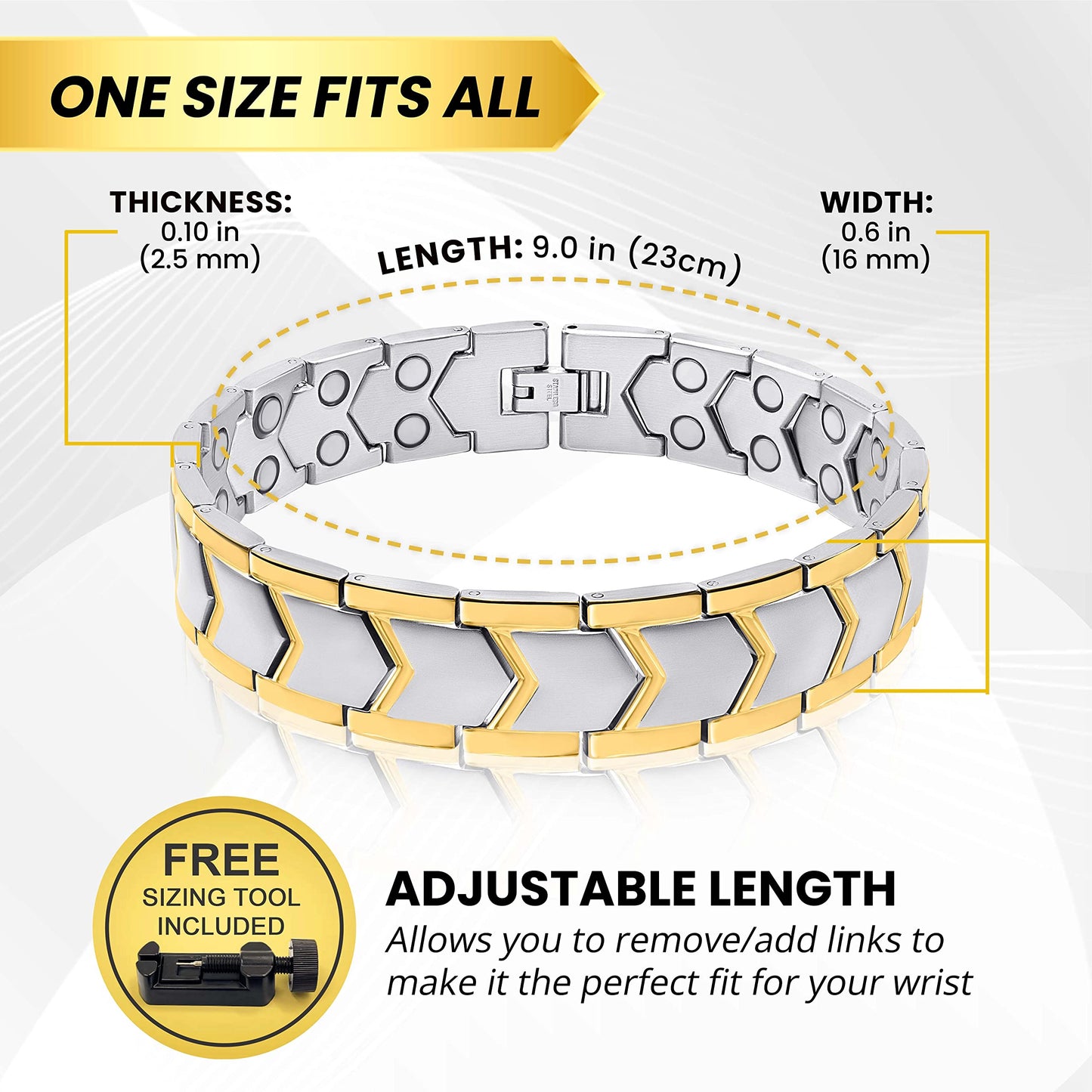 MagnetRX® Ultra Strength Magnetic Bracelet – Effective Stainless Steel Metal Bracelets for Men – Adjustable Length with Sizing Tool for Perfect Fit (Silver & Gold)
