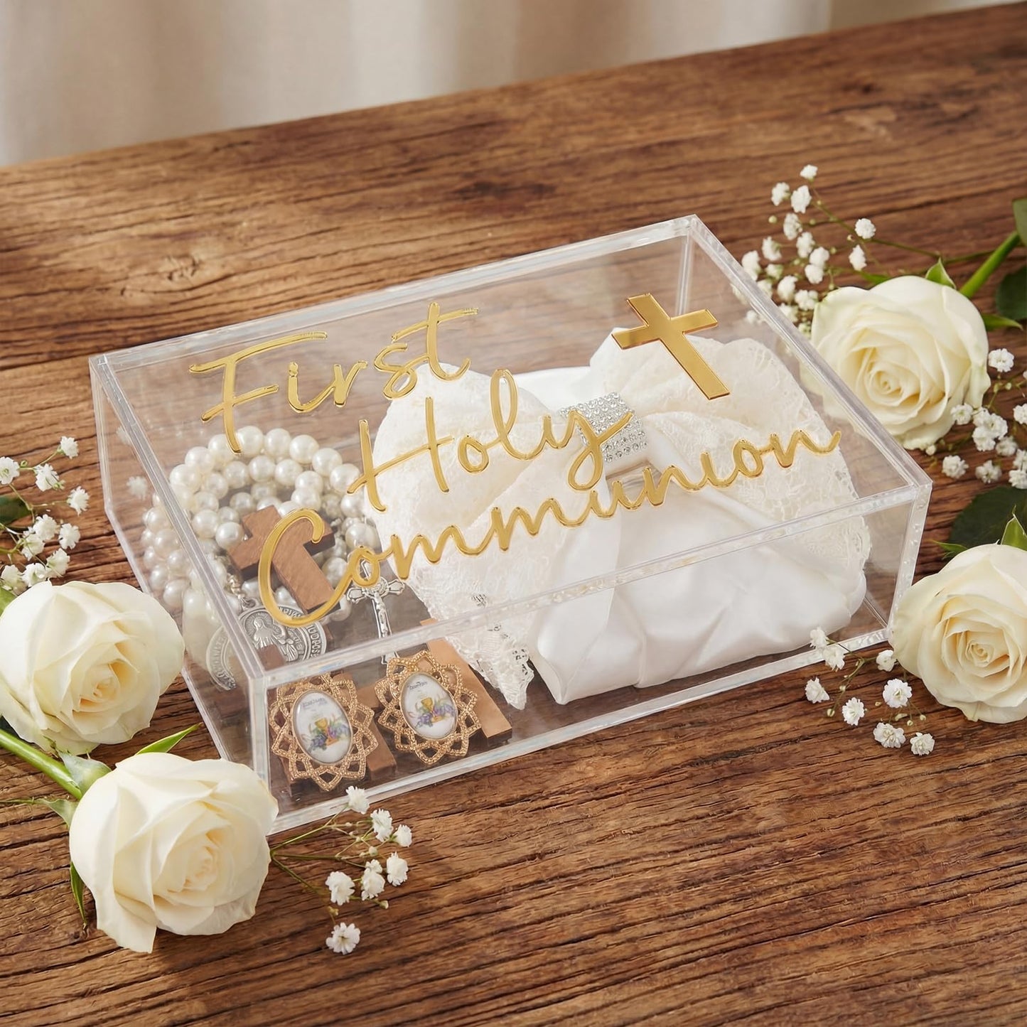 Fiwochic First Communion Keepsake Box Acrylic Baptism Memory Gift Box for Boy Girl Catholic Religious First Holy Communion Prayer Storage Gift for Rosary Jewelry Memento Photo, 8 x 5.5 x 2.36 Inch