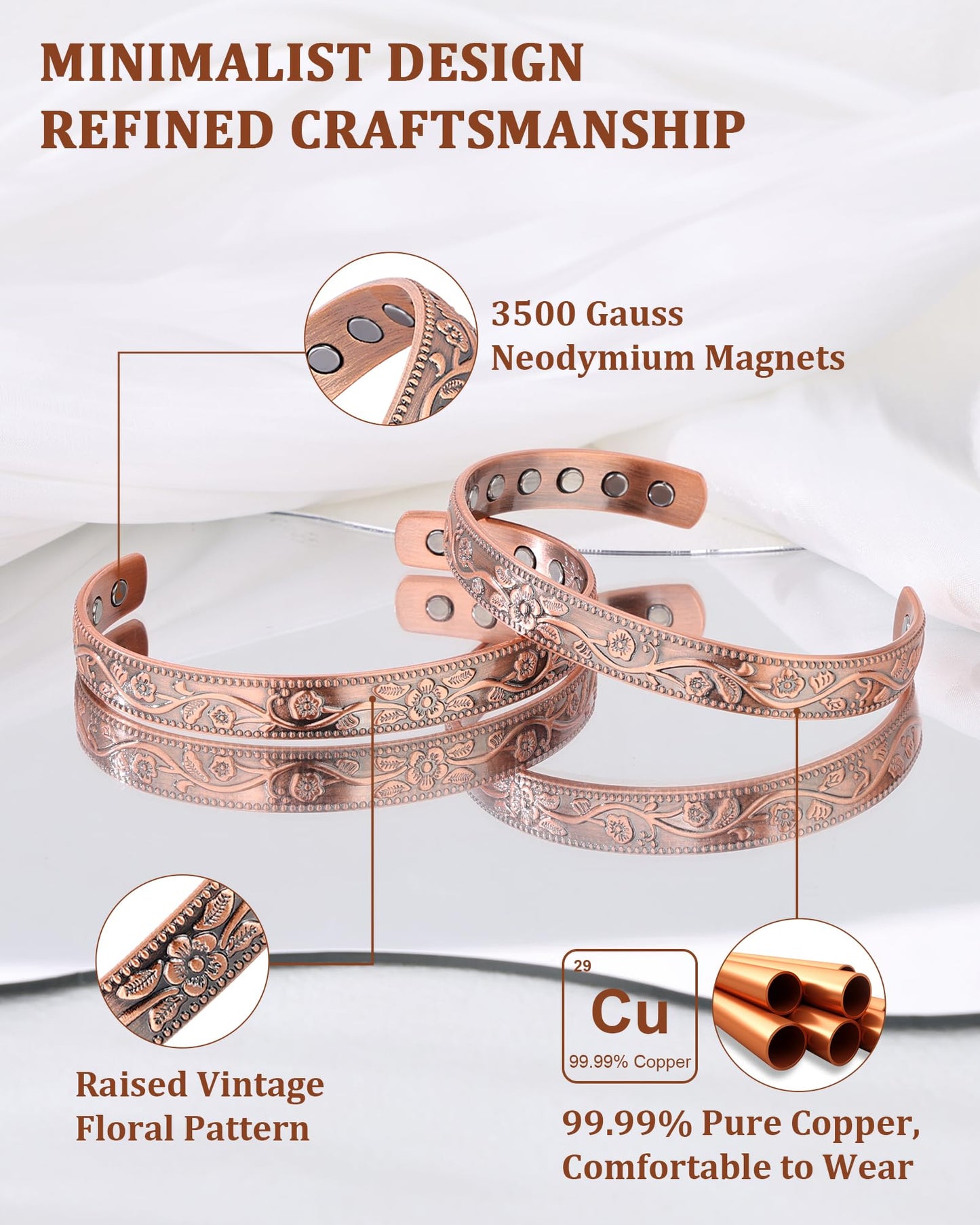 BioMag 2 Pcs Magnetic Copper Bracelet for Women Men, 99.99% Pure Copper Cuff Bangle with with 12 Pcs 3500 Gauss Magnets, Adjustable Size, Floral Vine Design