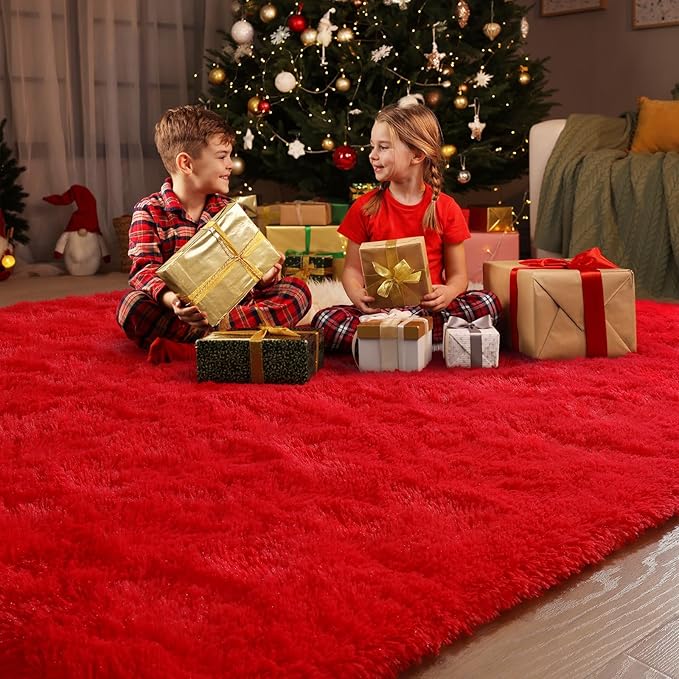 Amearea Premium Soft Fluffy Rug Modern Shag Carpet, 8x10 Feet, Fuzzy Shaggy Rugs for Bedroom Living Room Teen Apartment Decor, Comfortable Indoor Furry Dorm Carpets, Red