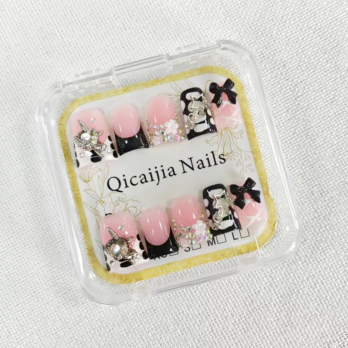 Handmade Duck Press on Nails Medium Fake Nails Black French Tip Press on Nails with 3D Bow Rhinestone Design Multi Gel Acrylic False Nails Luxury Duck Nails Press ons for Women Manicure 10Pcs(Size M)