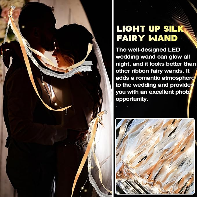 Unittype Wedding Wands Ribbon Streamers with Bells LED Fairy Light up Silk Fairy Wand Glow in the Dark Flashing Lace Stick for Wedding Birthday Party Favors (Champagne & Warm White LED,24 Pieces)