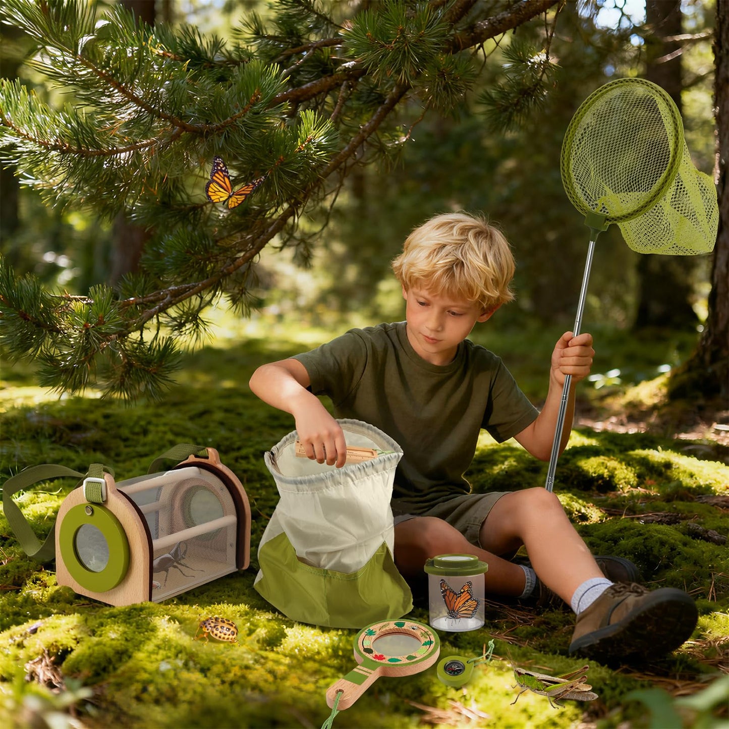 Wooden Bug Catcher Kit for Kids, Outdoor Explorer Toy Set with Butterfly Net, Magnifying Glass, Bug Container &Other Adventure Kit for Backyard Bugs Hunting and Camping Gifts for Boys Girls Age 3-12