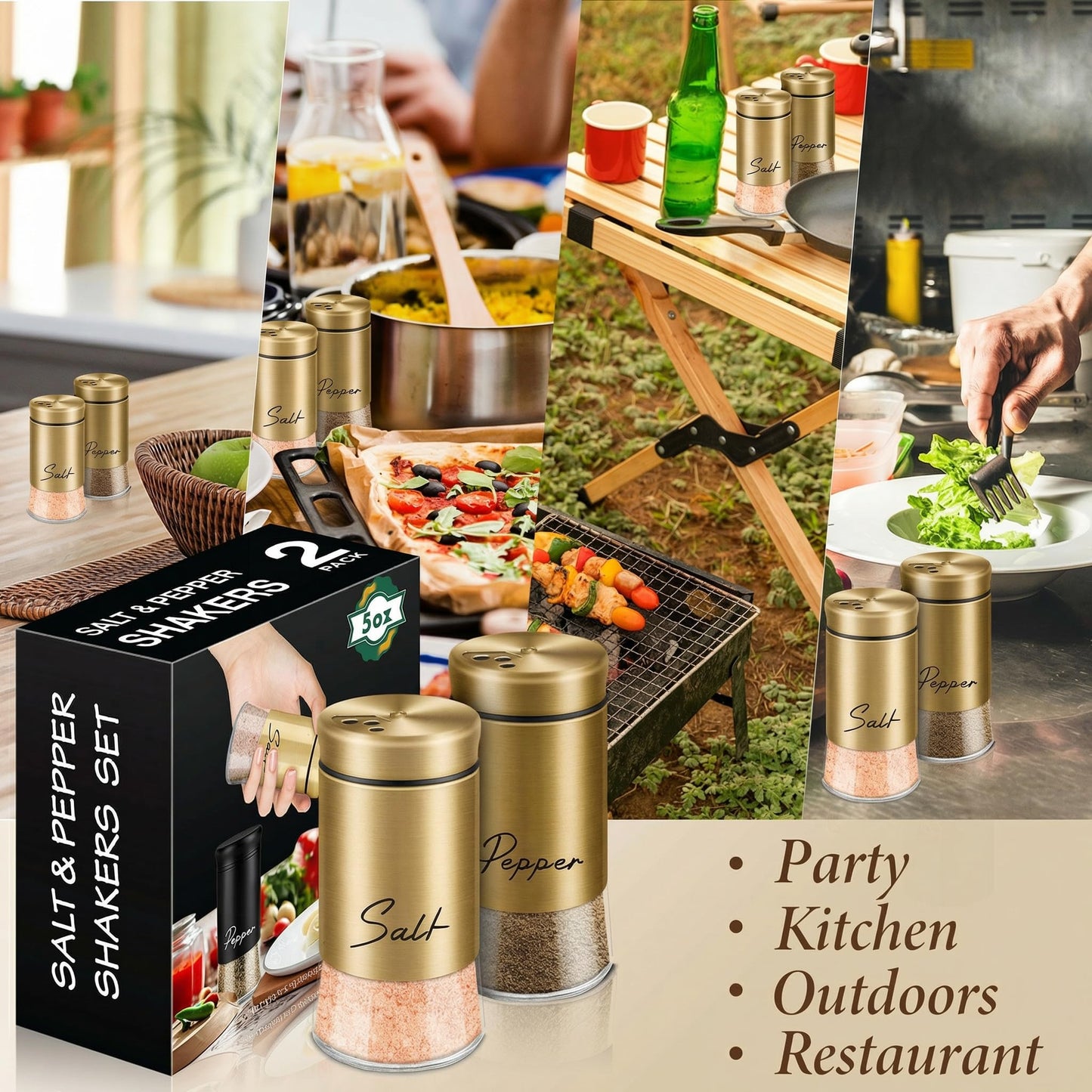 Gold Salt and Pepper Shakers Set, 5 oz Modern Farmhouse Kitchen Decor and Accessories for Restaurant, Wedding, Housewarming Gifts Refillable Design (Gold)