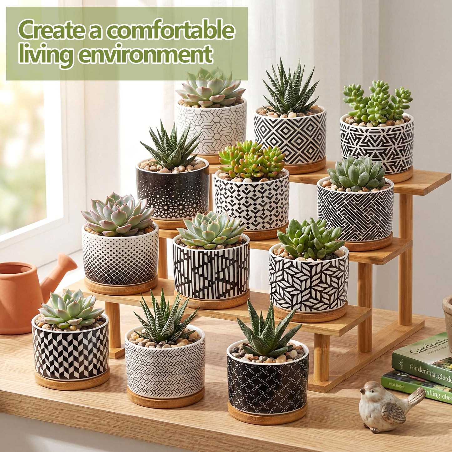Threehoney 12 Pack 3.14 Inch Ceramic Succulent Pots Geometric Pattern Small Succulent Plant Pots with Drainage Hole and Bamboo Trays Mini Flower Cylinder Pot for Small Plant Cactus Home Office Decor
