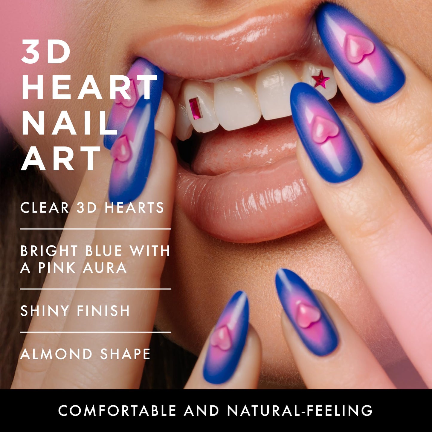 Lost Angels 3D Press On Nails - Heart Charm Blue & Pink 3D Gel Art - Thank You, Next - Cute Press On Nails Almond Medium Length - Easy Kit with Glue & Adhesive Tab - 30 Count, 15 Sizes