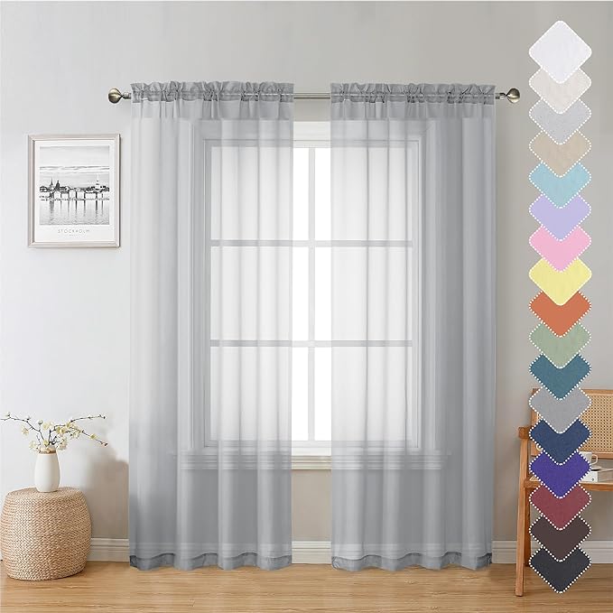 Lecloud Living Room Light Grey Sheer Curtains 72 Inch Long 2 Panels, Lightweight Solid Voile Silver Gray Curtain for Bedroom, Soft Gauzy Farmhouse Bedroom Drapes with Dual Rod Pockets, 40W x 72L