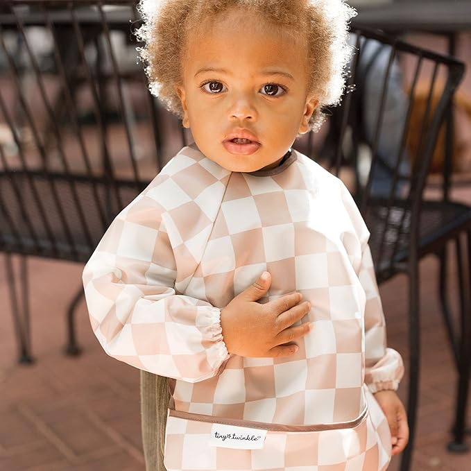 Tiny Twinkle Long Sleeve Bib for Babies & Toddlers – 2 Pack Waterproof Smock Bibs for Eating – Machine Washable & Mess-Proof, Baby Feeding Essential & Shower Must-Have (Pink,Beige Checkers, 6-24M)
