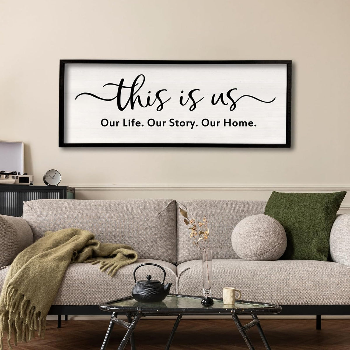 This is us Wall Decor Sign 32'' x 12'' Large Master Bedroom Home Life Story Wood Framed Vintage Family Sign Rustic Plaque Living Room Minimalist Farmhouse Hanging Wall Art (Black)