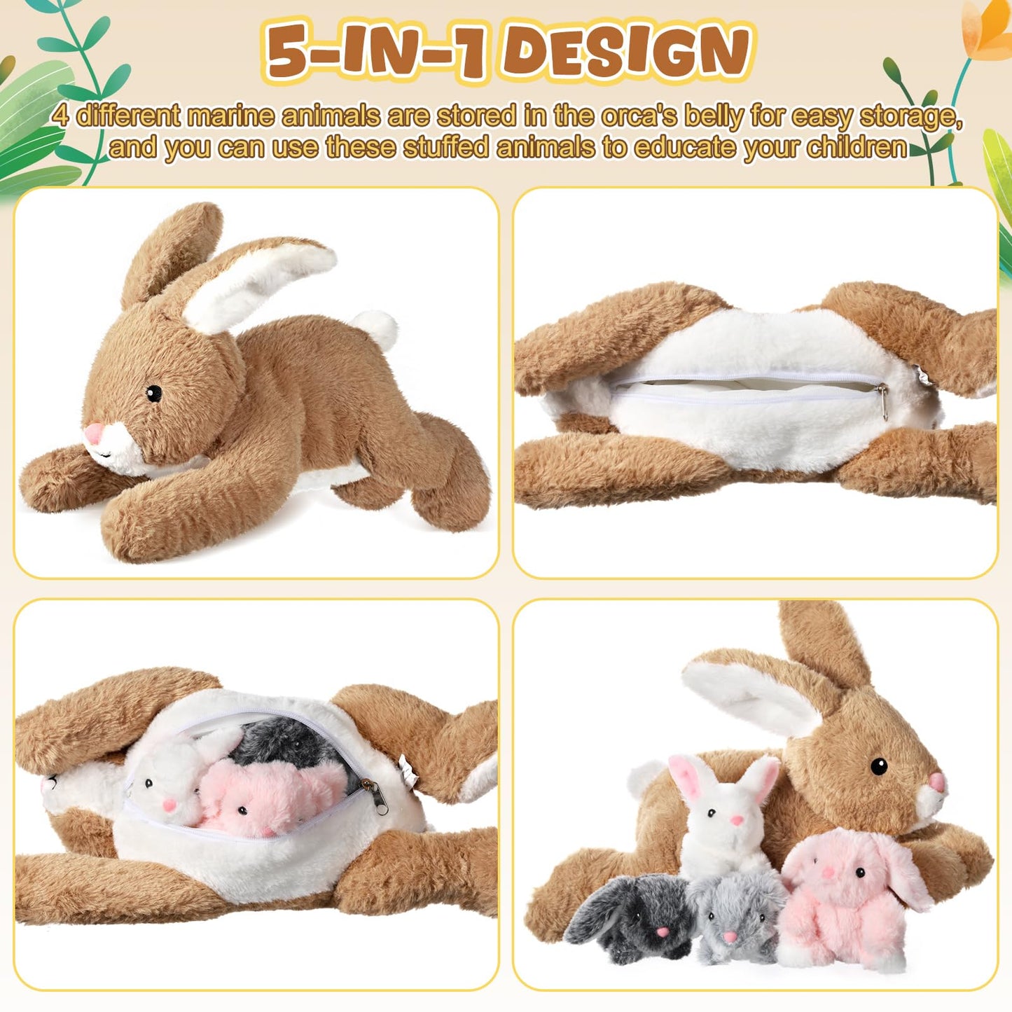 Syhood 5 Pieces Bunny Stuffed Animals Plush Set Easter Gifts Mommy Bunny Plush Doll with 4 Babies Cute Fluffy Rabbits in Mommy Stuffed Rabbit for Huggable Sleeping Holiday Birthday