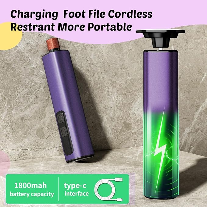 Electric Foot Callus Remover - 9-Speed Rechargeable Pedicure Tool with 20pcs 80/120 Grit Sandpapers +10 Grinding Heads | Aluminum Body & Type-C Charging (Purple)