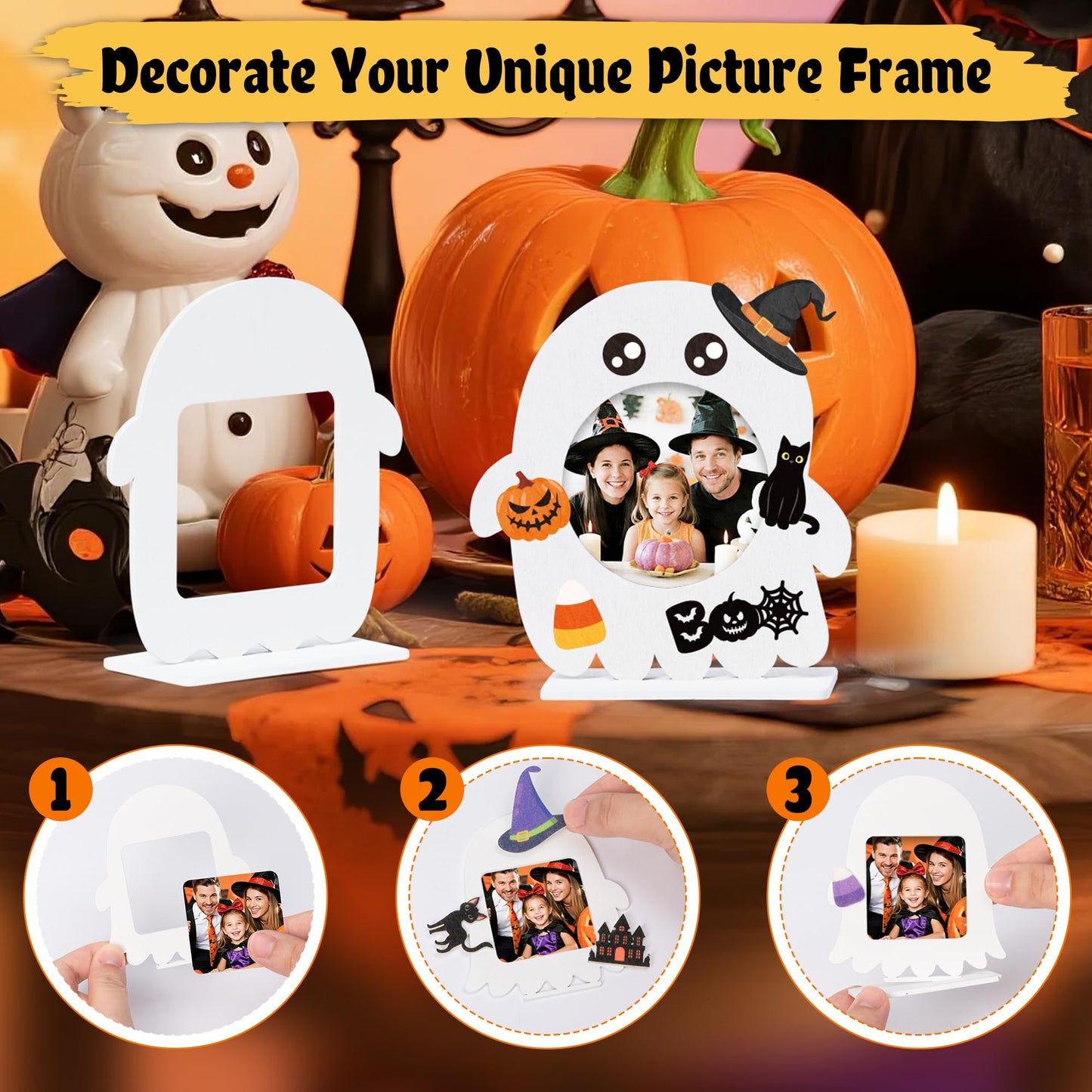 TICIAGA Halloween Ghost Photo Frame Craft - 16 Set Unfinished Halloween Wood Picture Frame Craft Kit with Sticker for Kids Classroom Activities, DIY Trick or Treat Spooky Ghosts Table Decor for Home