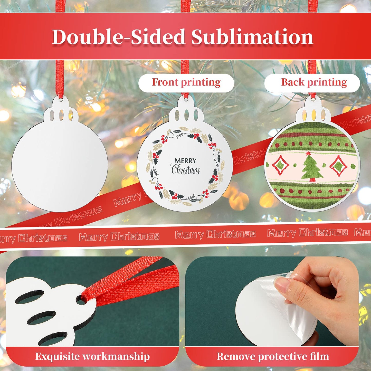 Jetec Christmas Sublimation Blank Pendants Double Side MDF Personalized Heat Transfer Blank Hanging Pendant White Sublimation Ornament with Red Ribbon for DIY(36 Pcs,3.5 x 2.9 x 0.1 Inch)