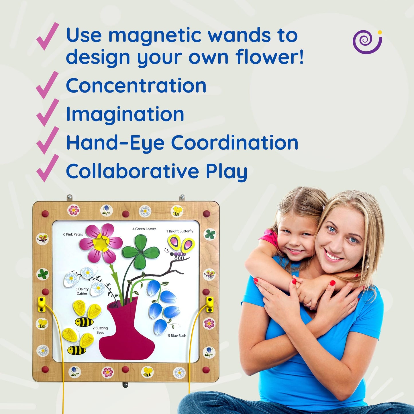 Playscapes Magnetic Toddler Activity Wall Panel Toy – Interactive Wall Busy Board – Melamine Frame & Acrylic Panel with 2 Wands – Easy Installation, No Loose Pieces, Easy-to-Clean – Flower/Bees Design