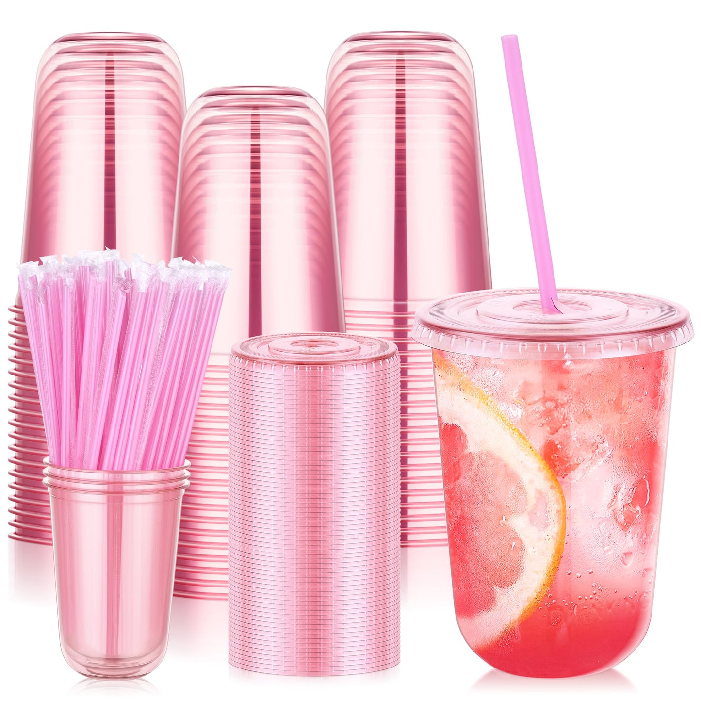 KesaPlan 50 Pack 16 oz Pink Plastic Party Cups with Lids and Straws, Disposable Iced Coffee Cup with Lids, Round Bottom Drinking Cups for Birthday Wedding Valentine's Galentine's Bachelorette Party