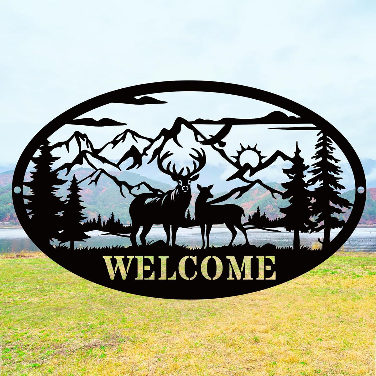 Rustic Metal Deer Cabin Sign, Outdoor Welcome Sign for Front Porch, Great Gift for Hunters, Farmhouse Cabin Decor