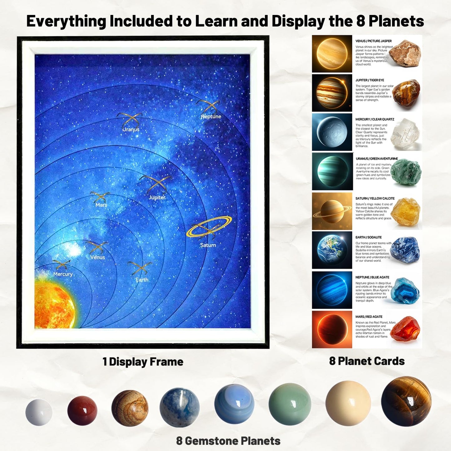 Solar System Project Kit for Kids 8-12, 8 Real Gemstone Planet Marbles Educational Science Project Astronomy Gift 10.9" x 9"