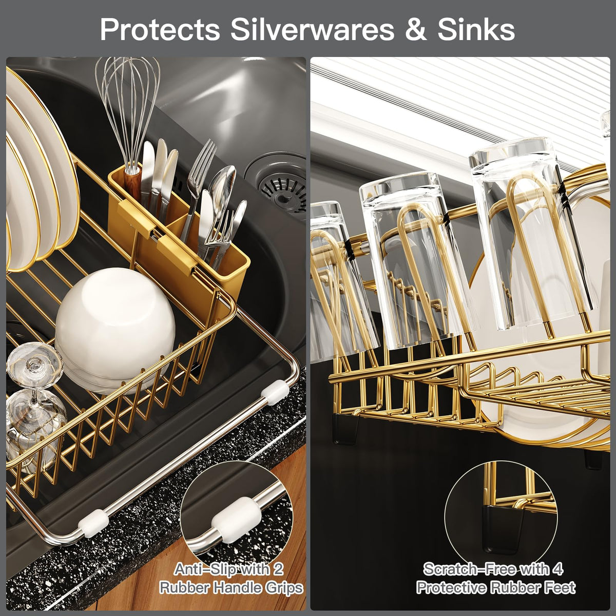 Gold Dish Drying Rack Over Sink with Utensil Holder
