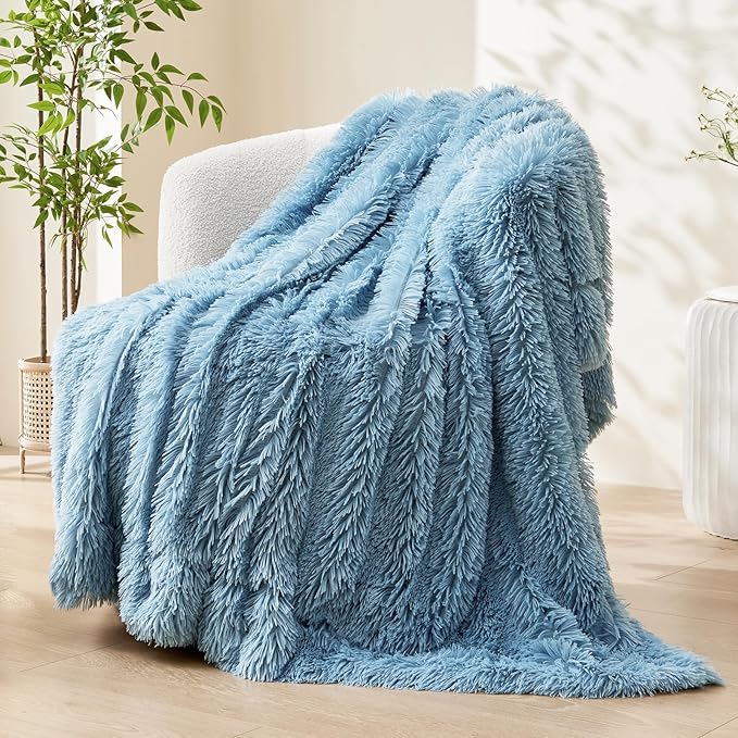 GONAAP Fuzzy Faux Fur Throw Blanket Twin Size Light Blue Super Soft Cozy Plush Fuzzy Shaggy Blanket for Couch Sofa Bed (Light Blue, Twin(60"x80"))