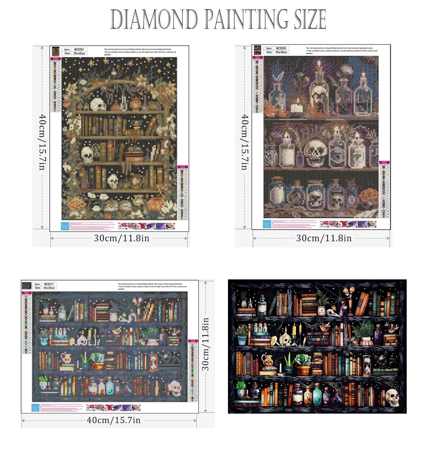 Axquilon 3 Pack Bookshelf Diamond Art Kits for Adults, Skull Diamond Painting Kits for Adults Beginner, DIY 5D Full Drill Gem Art for Home Wall Decor 12x16 inch