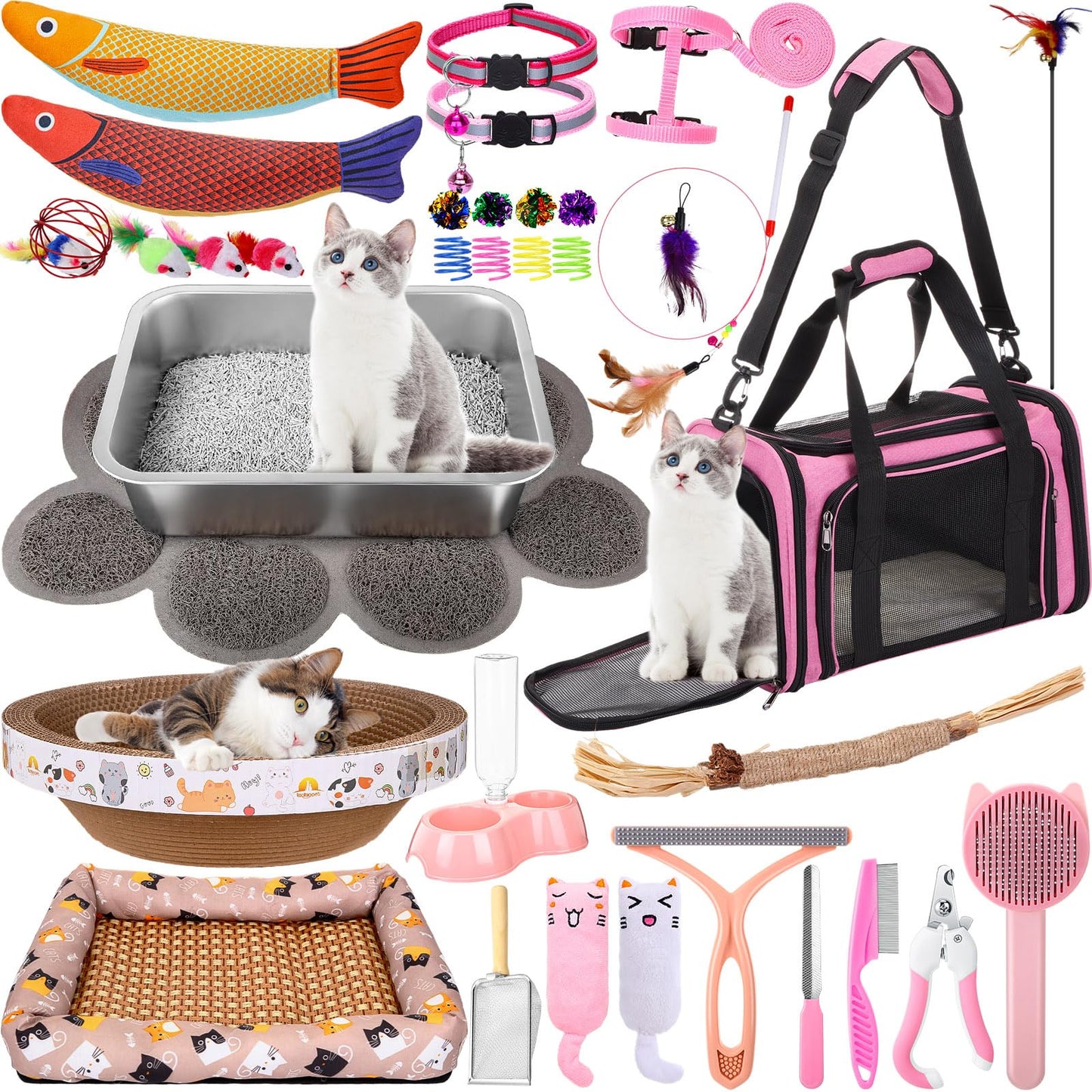 PullCrease 38 Pcs Kitten Supplies Starter Kit Cat Essentials Set Include Cat Scratcher Cardboard Stainless Steel Litter Box Bed Carrier Kitten Toys Accessories for Welcome Gift Supplies
