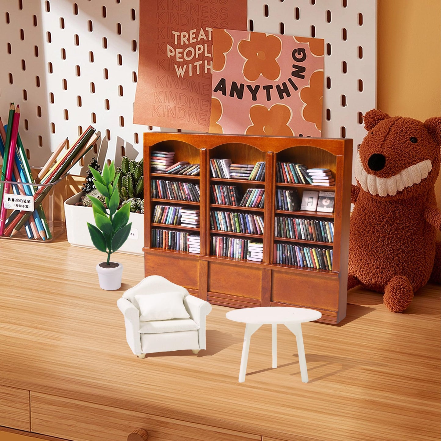 DIYDEC Mini Bookshelf with 240pcs Mini Books Sofa Desk Plant Miniature Anxiety Bookshelf Ornament Tiny Small Library Decor Shake Away Your Anxiety for Book Lovers Gift Home Room Office