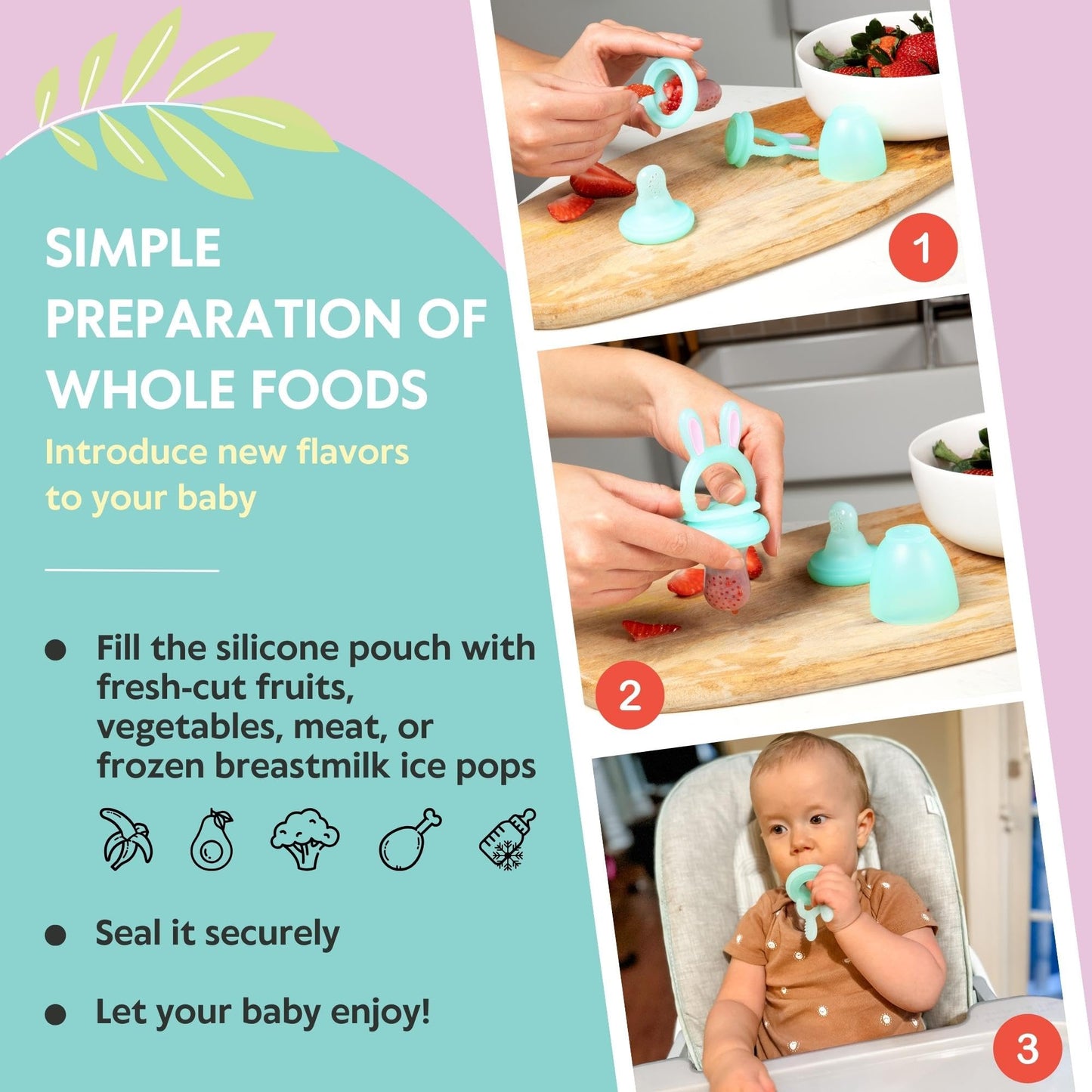 Vesta Baby Fresh + Frozen Food Feeder - 2 Sizes Soft Silicone Push Pop Fruit Nibbler for Safe Infant Self Feeding - Solid Foods Weaning & Teether Set - Bunny Teething Relief Toy for Babies 4M+