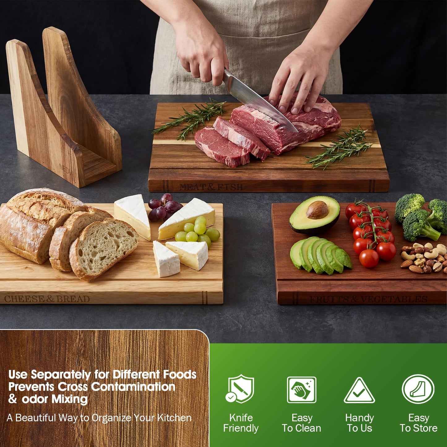 NEDVI Book Cutting Board Set with Wooden Stand-Wooden Kitchen Cutting Boards That Look Like Books for Cheese Meat Vegetables, Chopping Board Gift Set for Home Cooks & Kitchen Decor