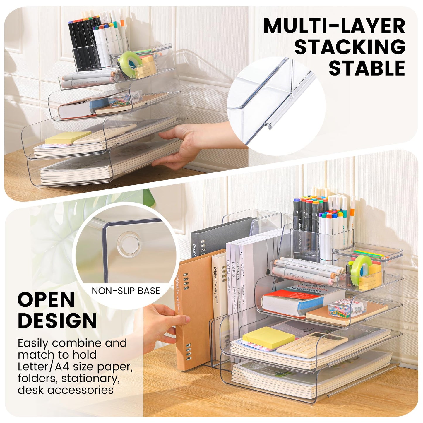 CiWiVOKi Desk Organizer with 2 Vertical File Holder, 4 Tier Stackable Paper Letter Tray File Organizer with 5-Compartments Pen Holder, Clear Desktop Organizer Office Organization and Storage