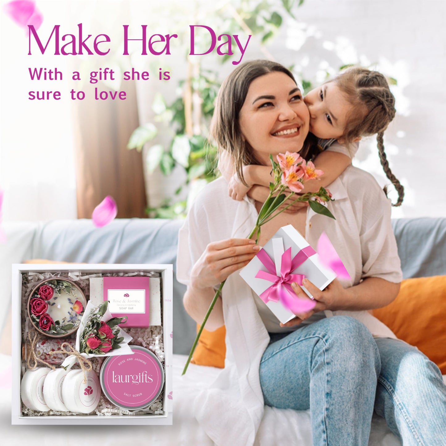 Mothers Day Spa Gift Set for Women – Rose & Jasmine Candle Gift Set with Bath Treats, Relaxing Self Care Basket, Birthday Gift for Mom or Friend