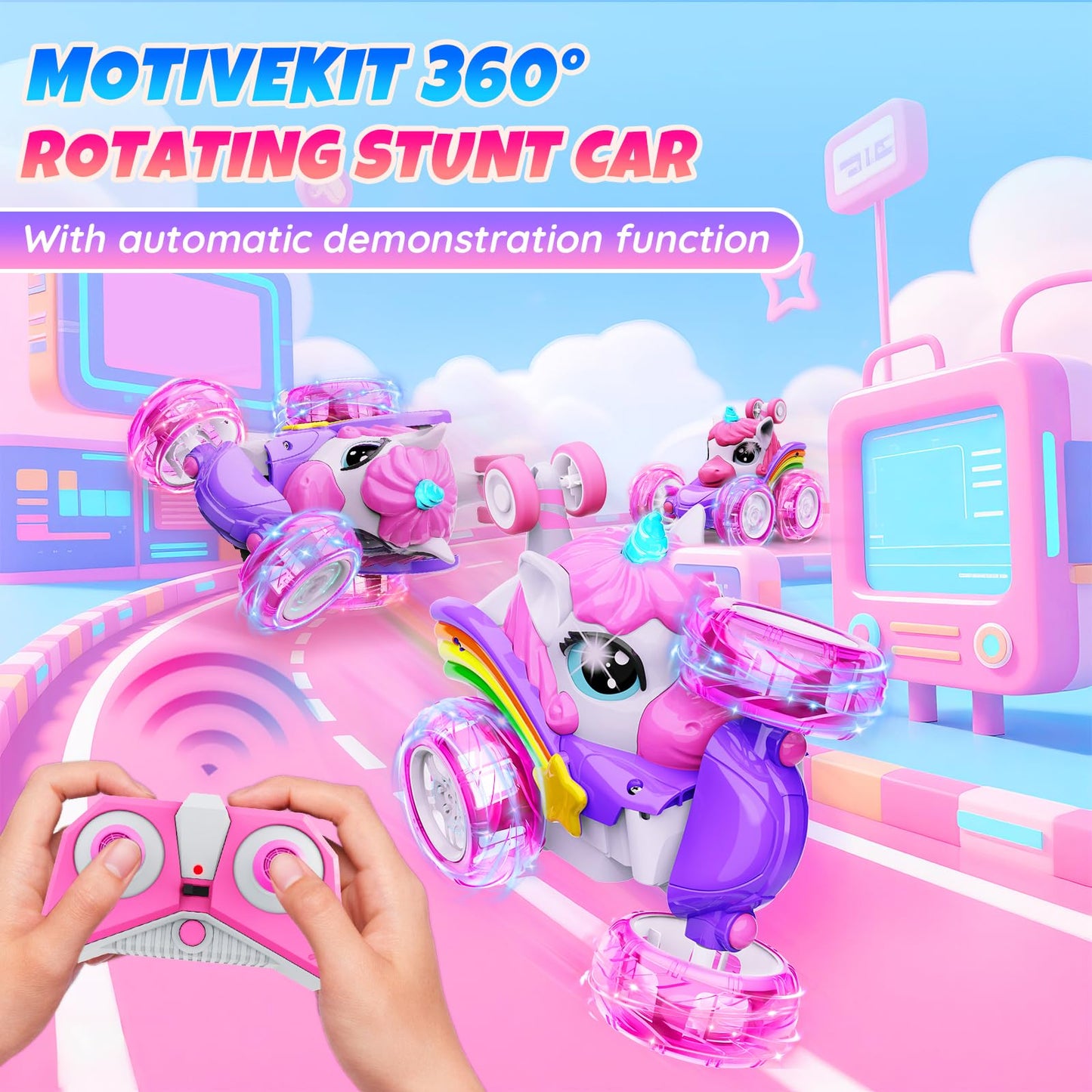Motivekit Unicorn Remote Control Car Toys for Girl - 360° Rotating Pink RC Stunt Cars 4WD Remote Cars for Kids, 2.4GHz Toy Car with LED Lights, Birthday Gift for 3 4 5 6 7 8 9 Year Old Girl