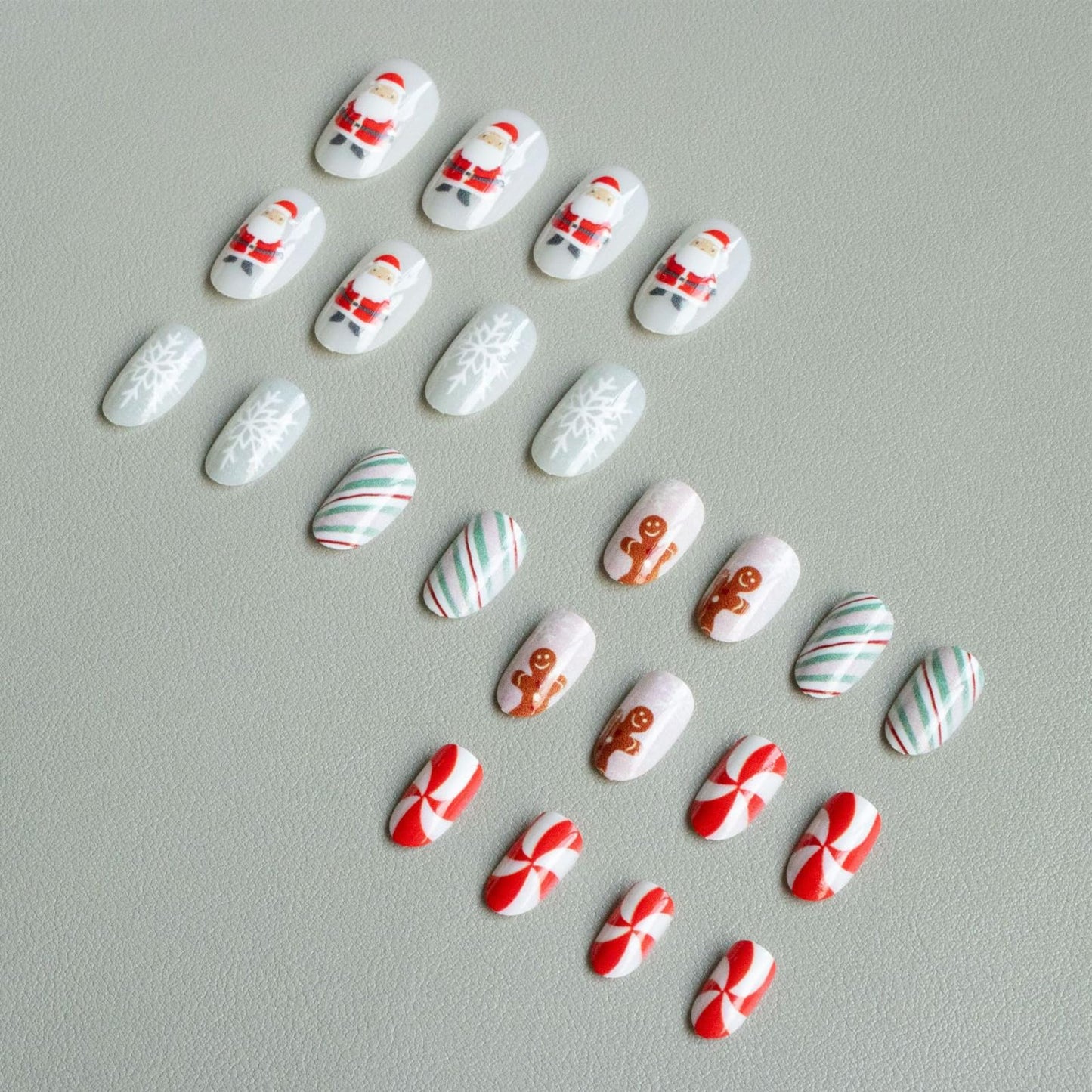 IMSOHOT Press on Nails Short Oval Fake Nails Red Green False Nails Cute Gingerbread Man, Santa Designs Round Glossy Acrylic Glue on Nails for Women Girls