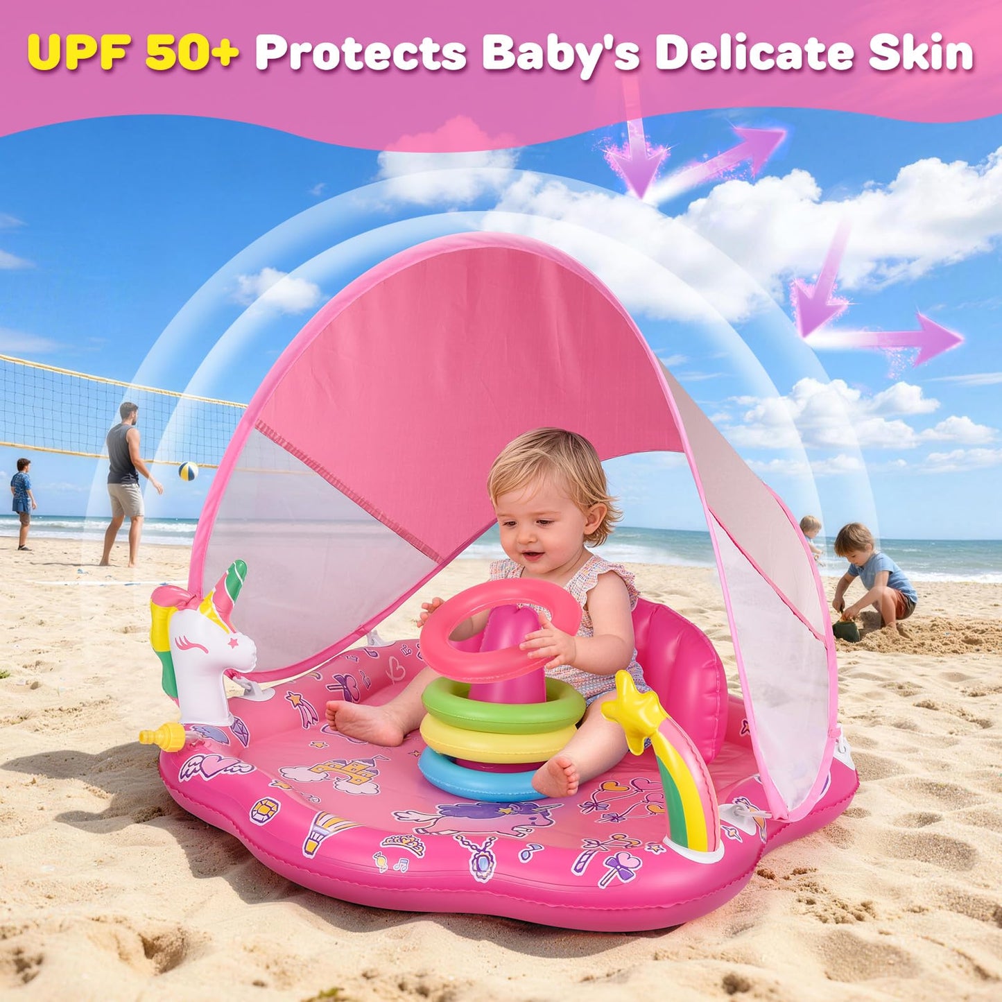 Baby Pool Float with Sprinkler, Inflatable Baby Splash Pad with Stackable Rings Game, Baby Splash Mat with Canopy & Backrest for Toddlers Garden, Beach, Backyard and Bathroom (Pink)