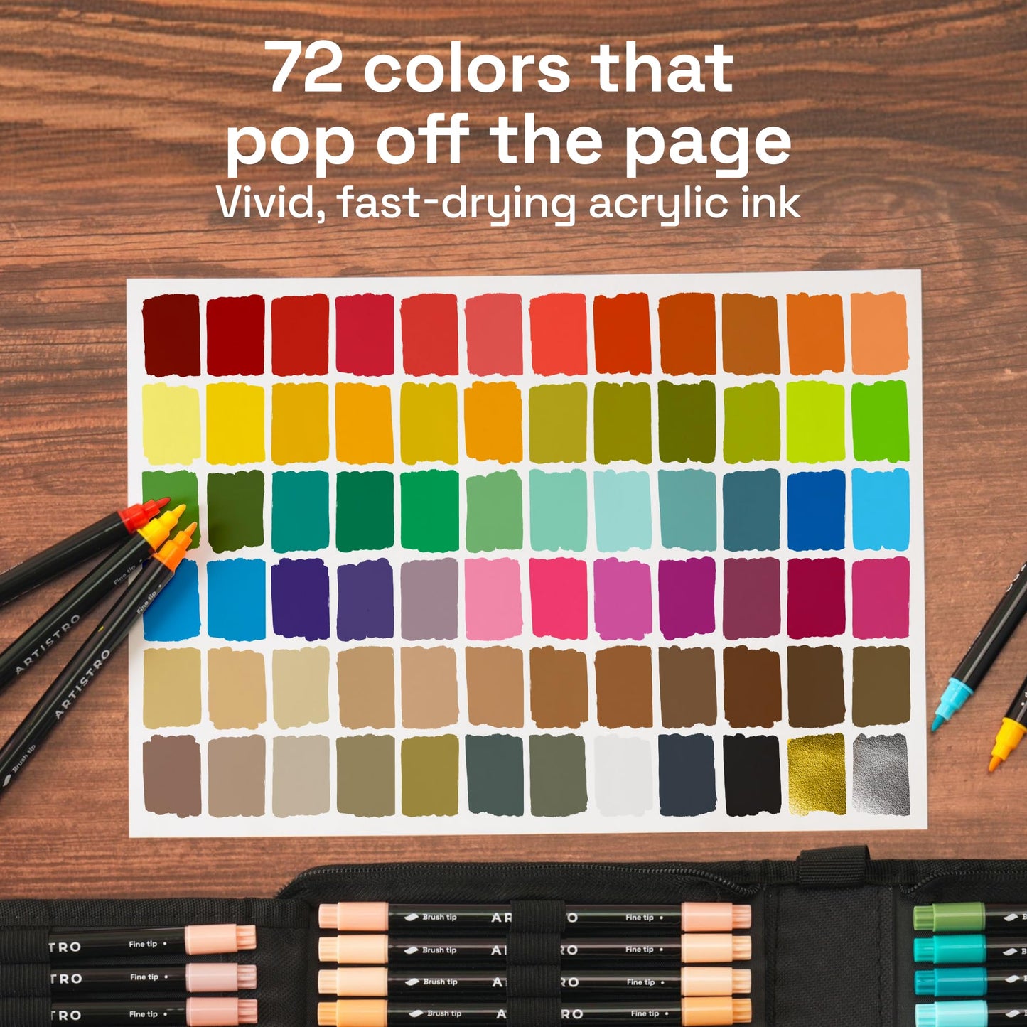 ARTISTRO Acrylic Paint Pens With Storage Bag for Calligraphy - Markers With Brush and Fine Precision Tips - Multisurface Painting for Fabric, Rock, Glass, and More (72 Markers, Dual Tip Brush + Fine)