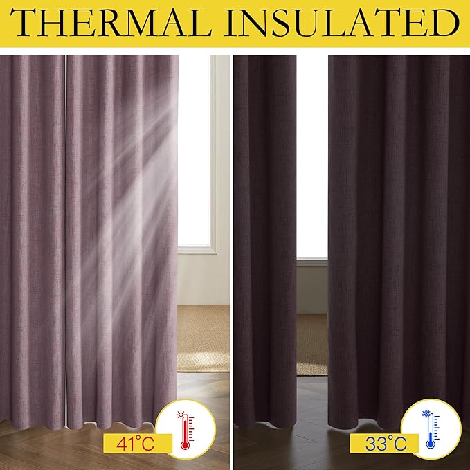 NICETOWN Chaise Mauve Vintage Linen 100% Blackout Curtains for Living Room, Thermal Insulated Curtains 120“ Long, Noise Reducing Window Treatment Drapes for Home Office, 62" Wide Per Panel, Set of 2