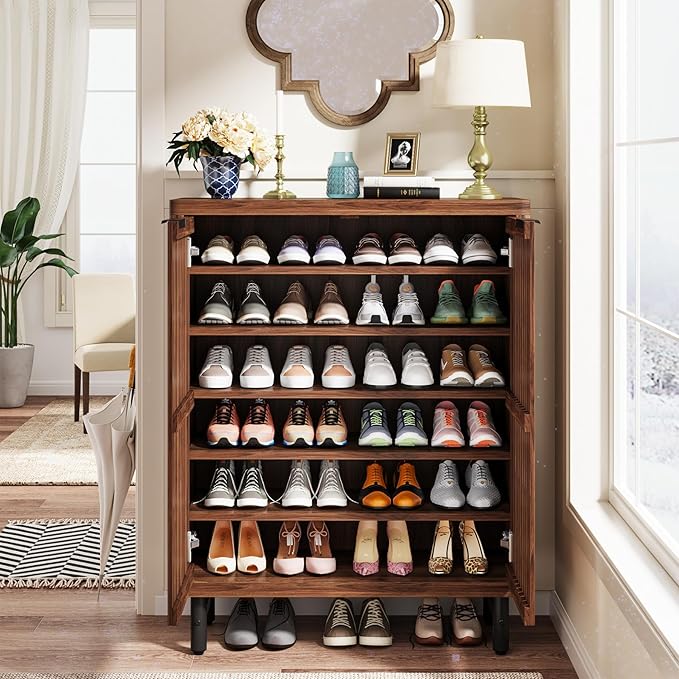 Tribesigns 6-Tier Shoe Cabinet with Shutter Doors, Large Wooden Shoe Organizer Rack with Adjustable Shelves, Modern Farmhouse Hidden Storage Furniture for Entryway, Hallway (Walnut)