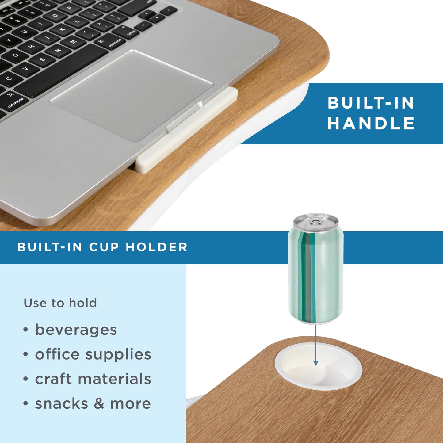 LAPGEAR Cup Holder Lap Desk with Device Ledge - White Oak Woodgrain - Fits up to 14 Inch Laptops - Style No. 46329