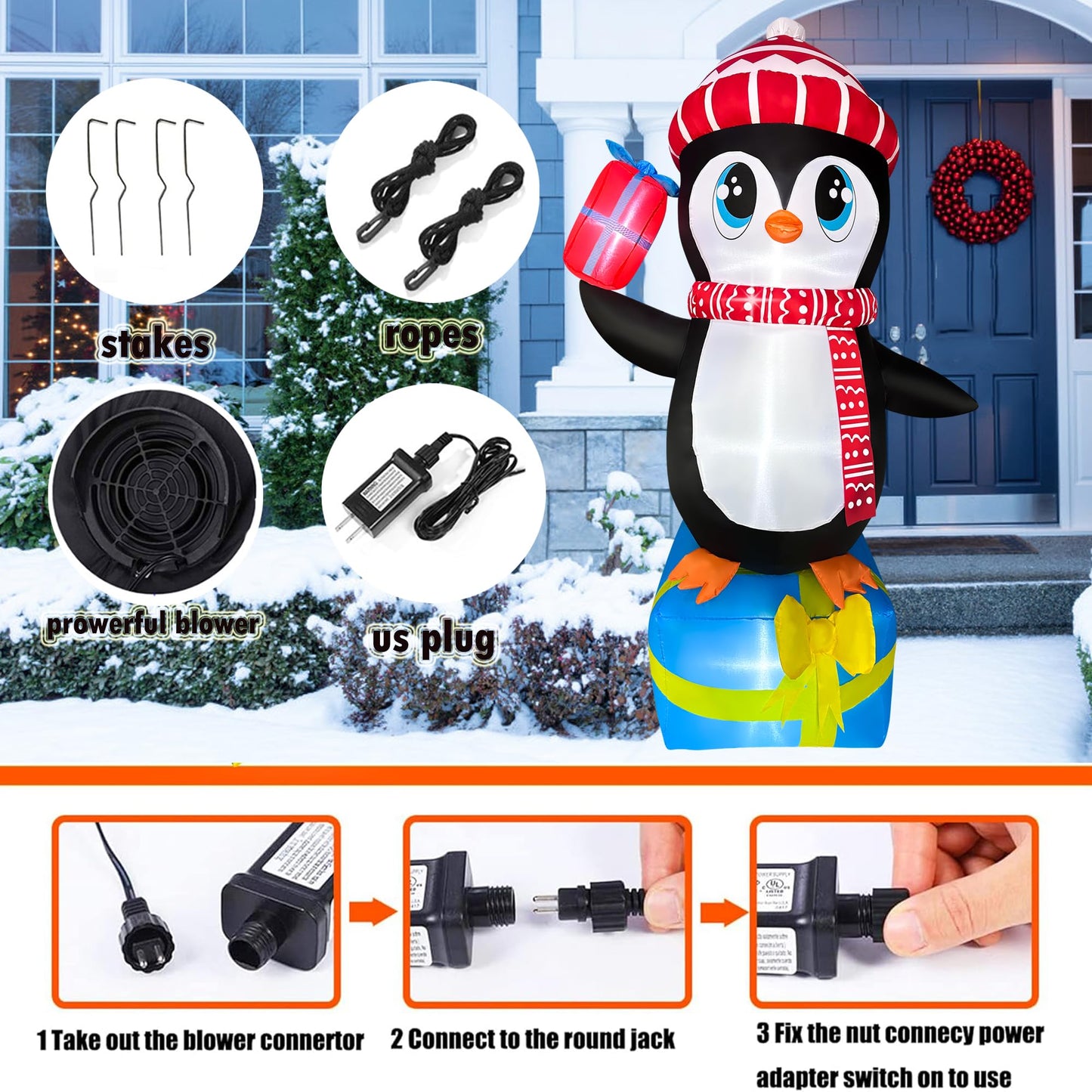JOYEASE 5.5 FT Christmas Inflatables Penguin with Gift Boxes Decoration, LED Lighted Christmas Blow up Yard Decorations for Party Indoor Outdoor Garden Lawn Decor Xmas Inflatables Present
