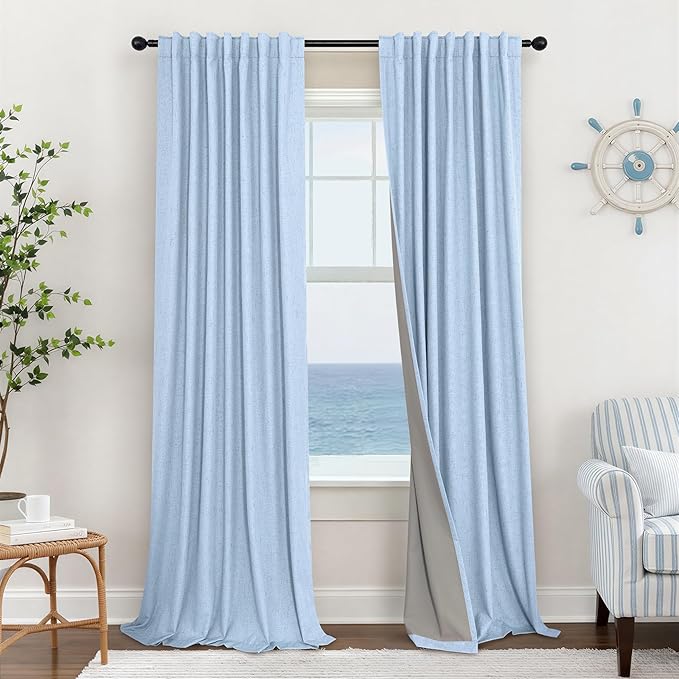 Light Blue Black Out Curtains 96 Inches Long for Living Room 100% Blackout Linen Textured Thermal Window Treatments Grand Millenial Curtain Drapes for Bedroom Modern Farmhouse Decor 96 Length 2 Panels