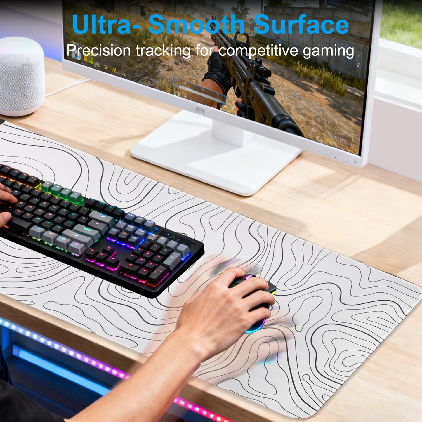 VOVIPO 3 in 1 Wireless Charging Mouse Pad, Desk Mat with Wireless Charger Multiple Devices Compitable with Watch/iPhone, White Topographic Large Desk Mat(90 x 40cm) for MacBook, PC, Laptop