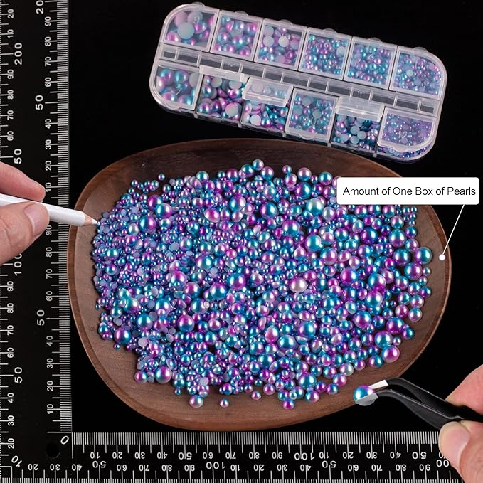 4000PCS Flatback Rhinestones and Half Round Pearls Kit #7, Multi Size Glass Clear & AB Crystals, Plastic Flat Back Blue Mermaid Dome Bead with Pickup Pencil and Tweezer for Nail Art