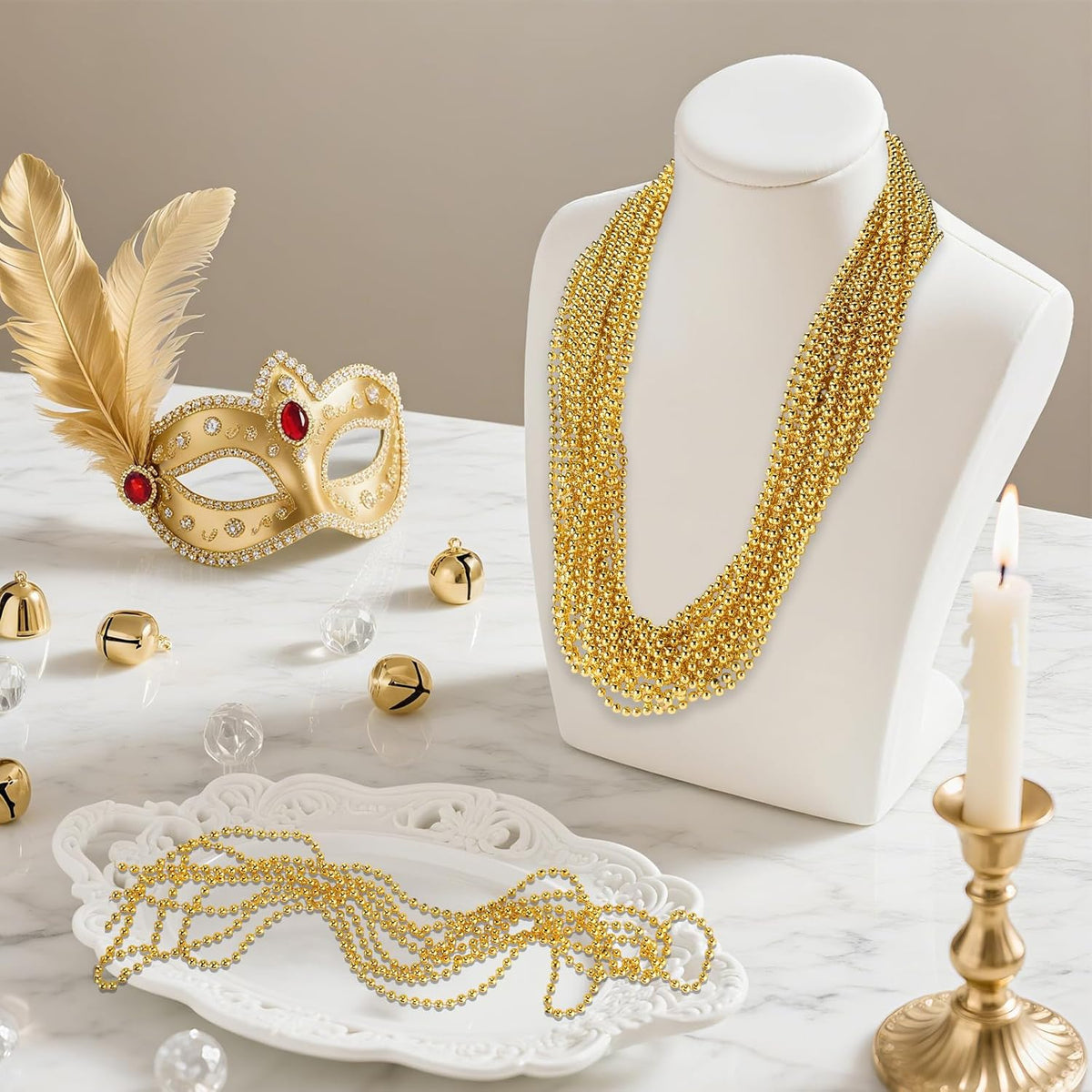 220 PCS Gold Bead Necklace, 33 Inch Mardi Gras Christmas Beads, Bulk Metallic Party Beads for Mardi Gras Parade, St Patricks Day, Wedding, Birthday, Pirate Party, Carnival Party Favors