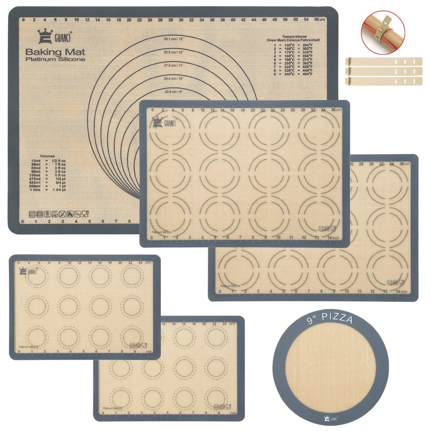 Silicone Baking Mat Set of 6, GUANCI Grade Food Baking mats Non-Stick Reusable Pizza Bakeware Mat for Making Macaroon, Pizza, Cookie, Pastry, Bread, Bun(Grey)