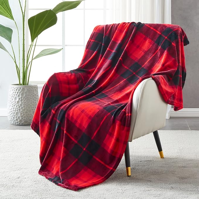 SOCHOW Flannel Fleece Throw Blanket 50 x 60 Inches, All Season Plaid Red Blanket for Bed, Couch, Car