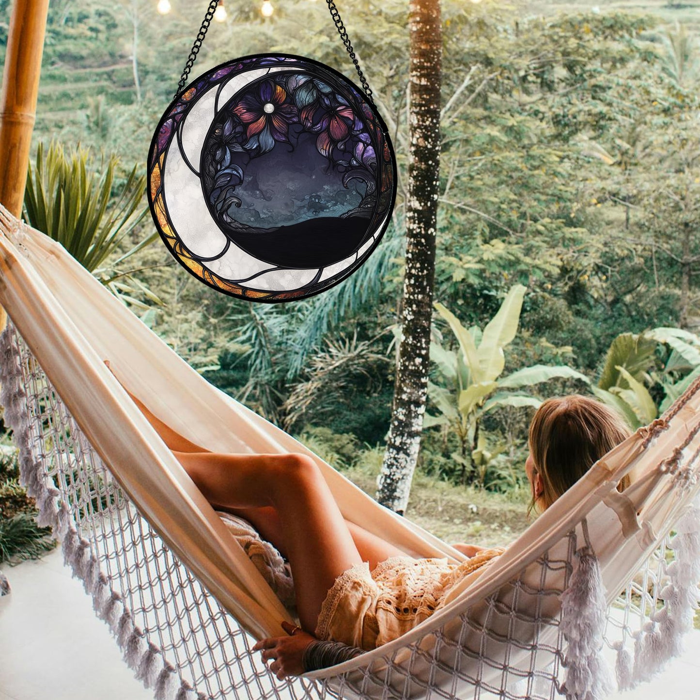 JOSUMALY Stained Glass Window Hanging - Black and White Moon Sun Catcher for Door Terrace Garden Home Decor, Abstract Plant Flower Suncatcher Birthday Gifts for Lovers Women Men Dad Mom Nana 15 in