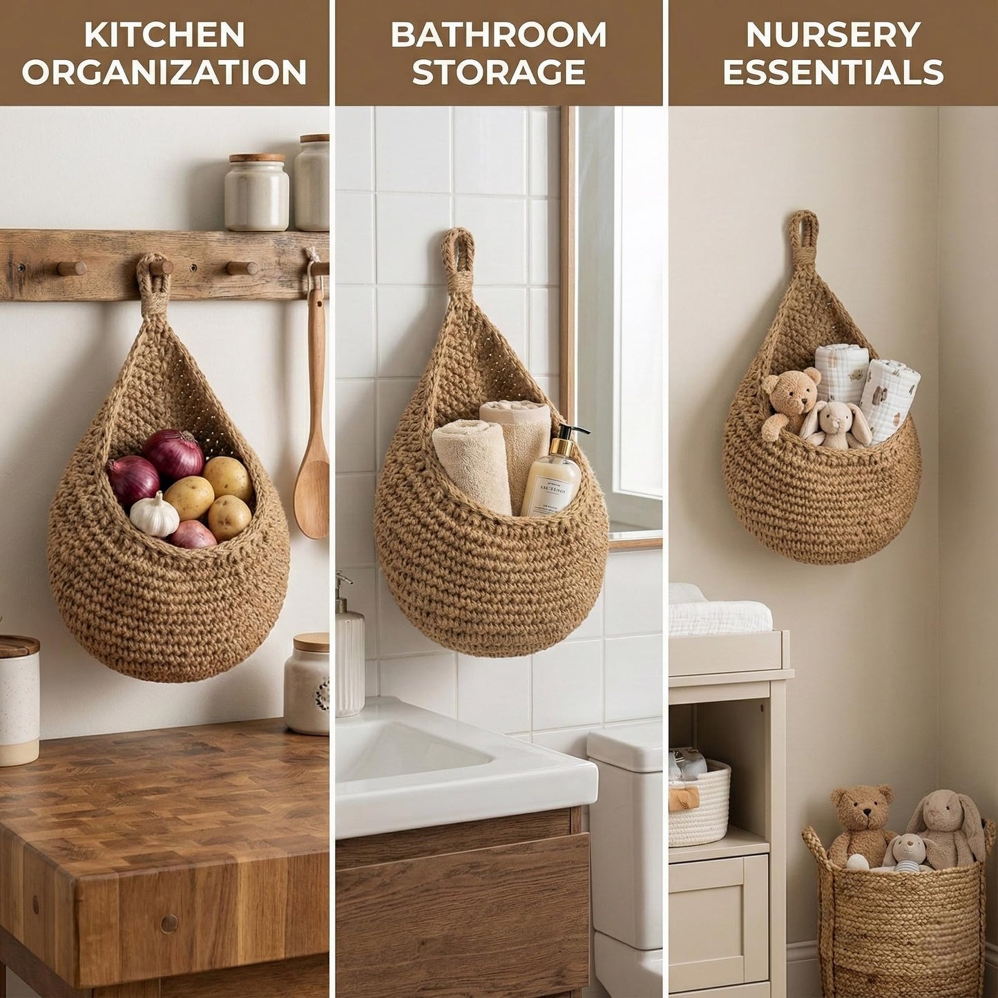 3 Pack Hanging Fruit Basket - Boho Kitchen Wall Decor for Vegetable Onion Potato Storage, Woven Teardrop Organizer - Cotton Rope