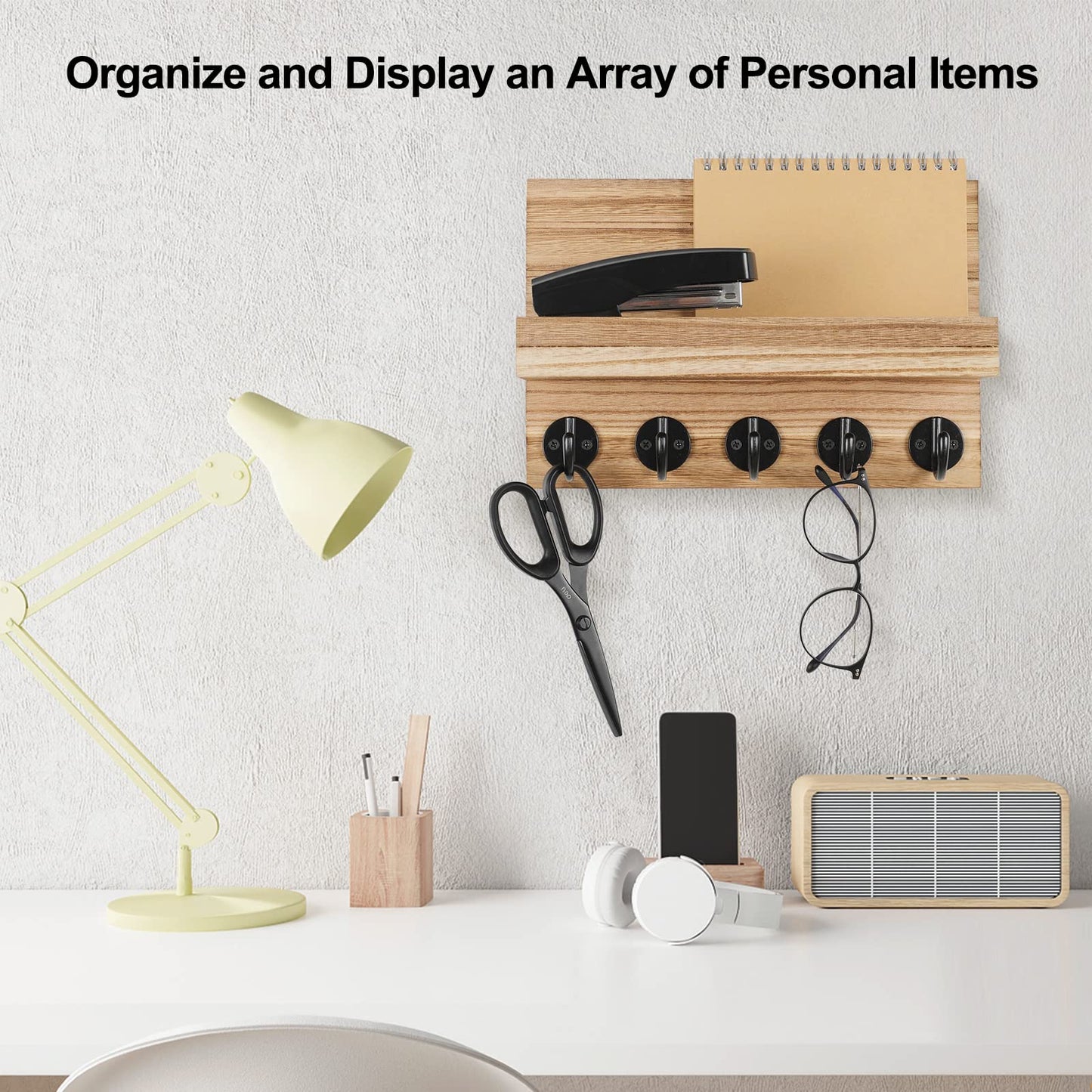 Lwenki Key Holder for Wall, Decorative Key and Mail Holder with Shelf Has Large Key Hooks for Bags, Coats – Paulownia Wood Key Hanger with Mounting Hardware (9.8”W x 6.7”H x 4.2”D) (Burnt Wood)